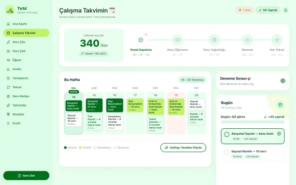 Kişisel çalışma takvimi — YKS geri sayımı ve haftalık plan